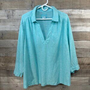 Sigrid Olsen Aqua Blue Linen Blend V Neck Pullover Top Lightweight Size 2X